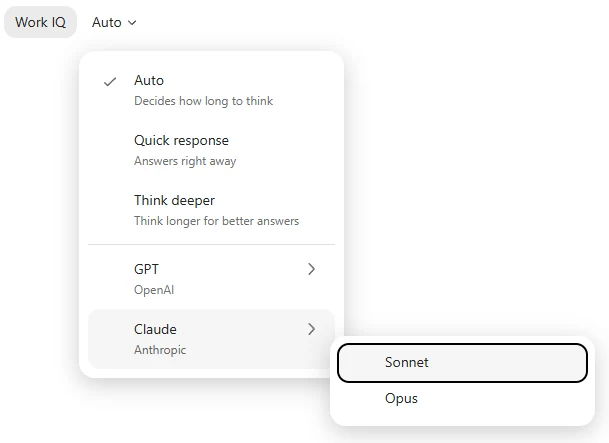 Le menu de choix du modèle dans Copilot, avec GPT d'OpenAI et Claude d'Anthropic