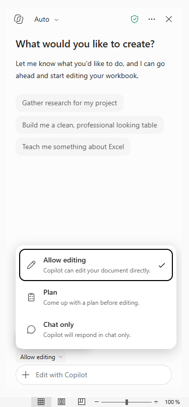 Le volet Copilot ouvert dans Excel, avec le menu des trois modes déployé au-dessus de la zone de saisie