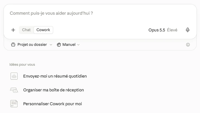 L'écran de Cowork : le projet ou le dossier à traiter, le mode d'approbation et les tâches proposées