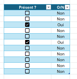 tableau Excel avec colonne case à cocher (checkbox) et colonne résultat Oui/Non