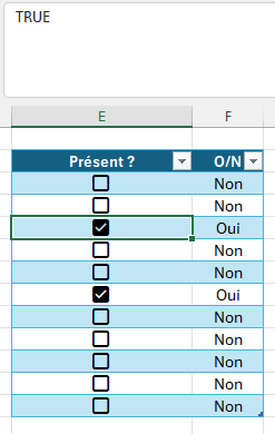 case à cocher Excel cochée renvoie la valeur VRAI dans la cellule, colonne O/N affiche Oui