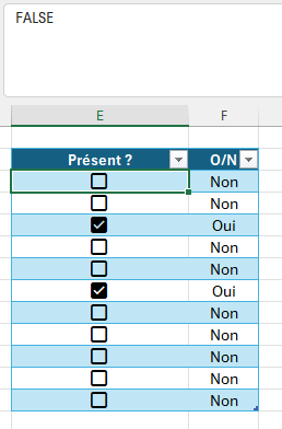 case à cocher Excel décochée renvoie la valeur FAUX dans la cellule, colonne O/N affiche Non