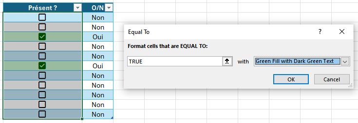 mise en forme conditionnelle Excel sur case à cocher VRAI avec remplissage vert