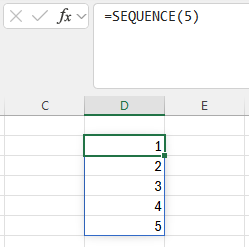 liste de nombres 1 2 3 4 5 générée automatiquement par la fonction SEQUENCE Excel sans copier-coller