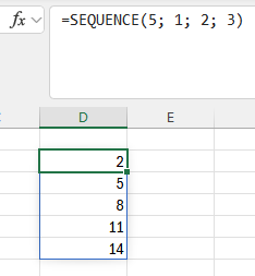 progression arithmétique 2 5 8 11 14 générée par =SEQUENCE(5; 1; 2; 3)