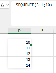 liste démarrant à 10 générée par =SEQUENCE(5; 1; 10)