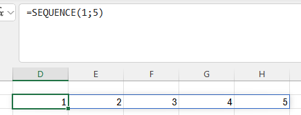 résultat de =SEQUENCE(1;5) dans Excel : liste horizontale 1 2 3 4 5