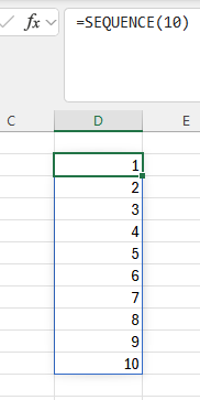 résultat de =SEQUENCE(10) dans Excel : liste verticale 1 2 3 4 5 6 7 8 9 10