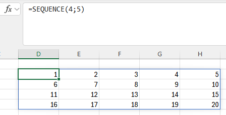 résultat de =SEQUENCE(1;5) ou matrice =SEQUENCE(4;5) dans Excel : tableau de valeurs séquentielles