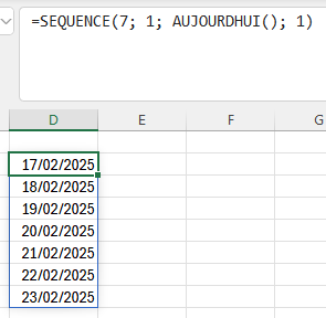 liste de 30 dates consécutives générée par =SEQUENCE(30; 1; AUJOURDHUI(); 1) avec format Date courte