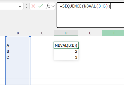 numérotation automatique de lignes Excel via =SEQUENCE(NBVAL(plage)) qui s'ajuste au volume de données
