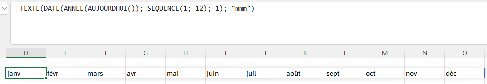 en-tête calendrier dynamique 12 mois (janv févr mars avr mai juin juil août sept oct nov déc) généré par =TEXTE(DATE(ANNEE(AUJOURDHUI()); SEQUENCE(1;12); 1); mmm) dans Excel
