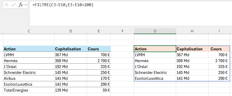 exemple utilisation fonction FILTRE (FILTER) dans Excel