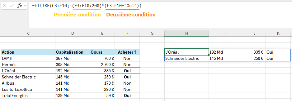 FILTRE (FILTER) Excel plusieurs conditions ET