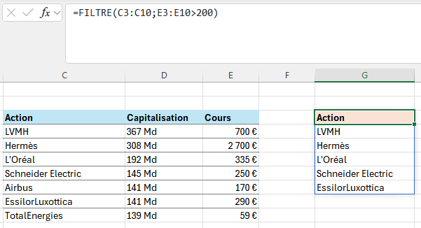 fonction FILTRE (FILTER) Excel colonne