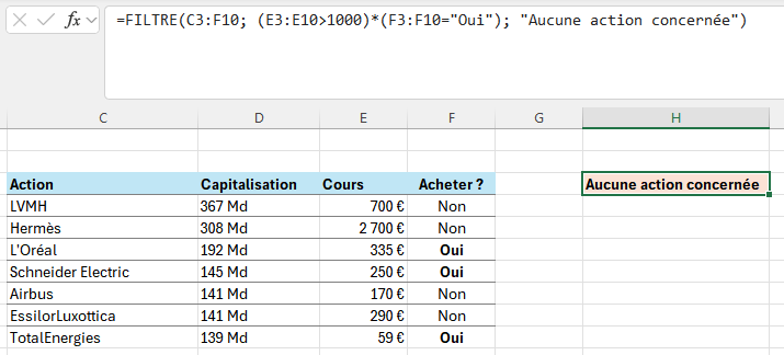 FILTRE (FILTER) Excel argument si_vide aucune donnée