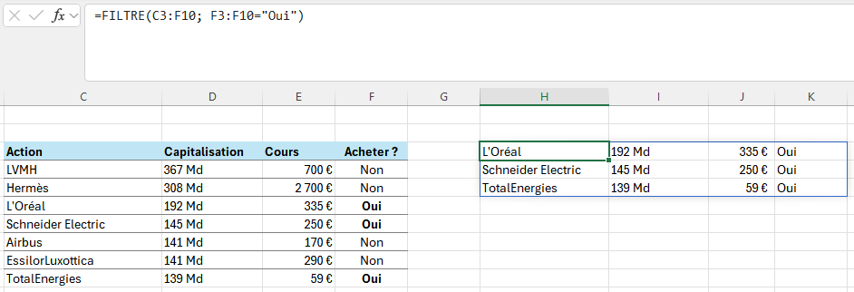 FILTRE (FILTER) tableau entier sur critère