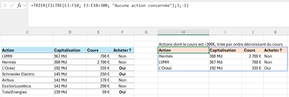 fonction FILTRE (FILTER) Excel combinée avec TRIER