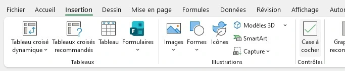 ruban Excel 365 onglet Insertion avec bouton Case à cocher dans la section Contrôles