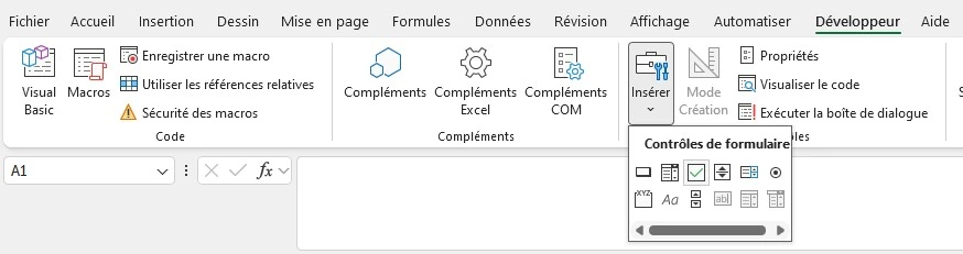 onglet Développeur Excel avec menu Contrôles de formulaire déployé (méthode ancienne à éviter)
