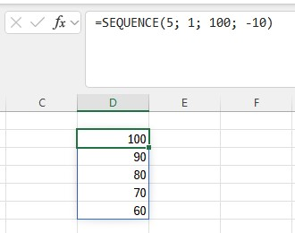 liste descendante 100 90 80 70 60 générée par =SEQUENCE(5; 1; 100; -10) avec incrément négatif